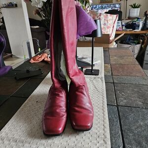 VINTAGE David Tate Red Leather Knee High Boots | 9WW Extra Wide Calf & Width